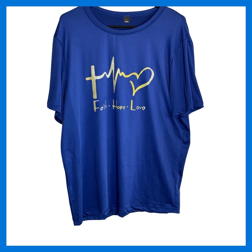 Faith Hope Love Christian Graphic T-Shirt Blue Gold Heartbeat Cross Mens Large‎